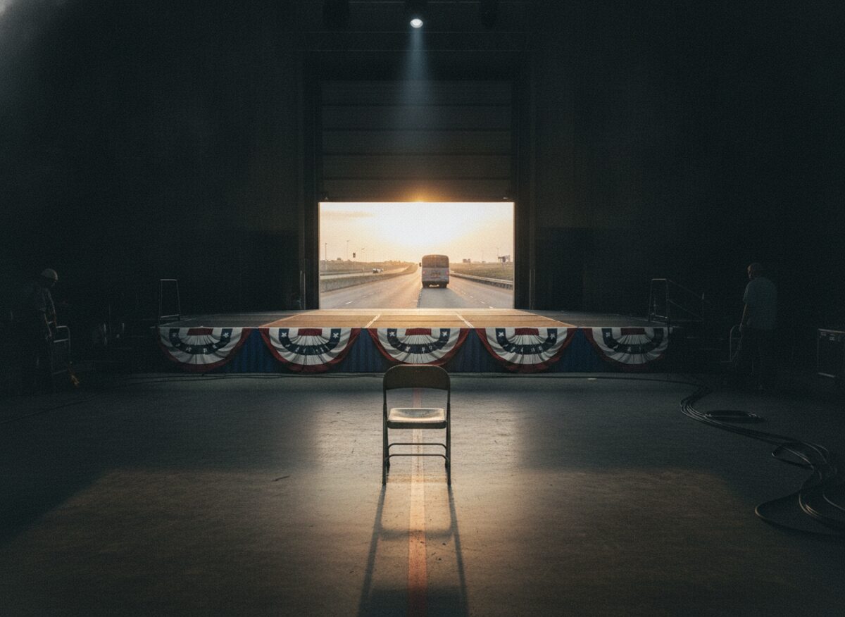 Press photo: an arena stage seen from the floor with a single empty folding chair under a spotlight, while far away a campaign bus drives off down a highway visible through an open loading door