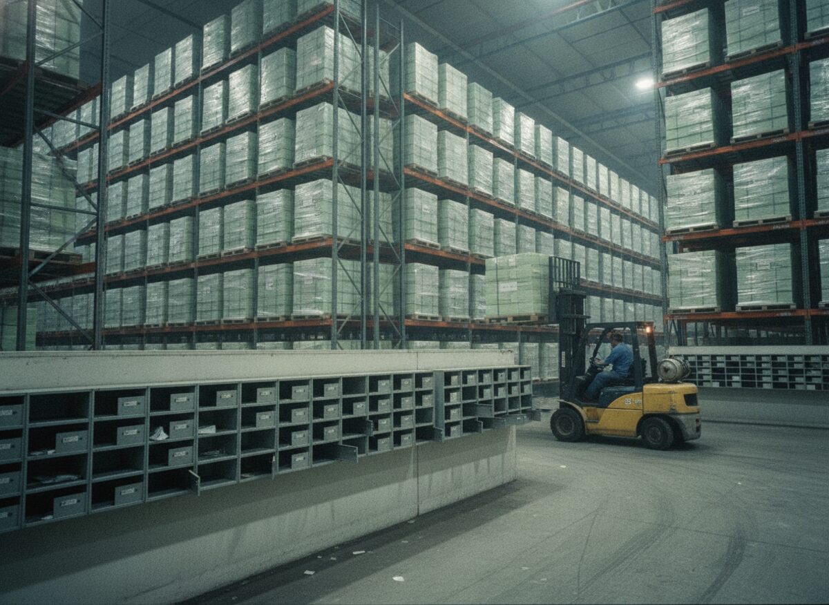 Press photo: a cavernous warehouse stacked to the rafters with plain shrink-wrapped pallets of blank paper bundles, a single forklift driver seen from behind and a long row of small empty mailboxes along one wall