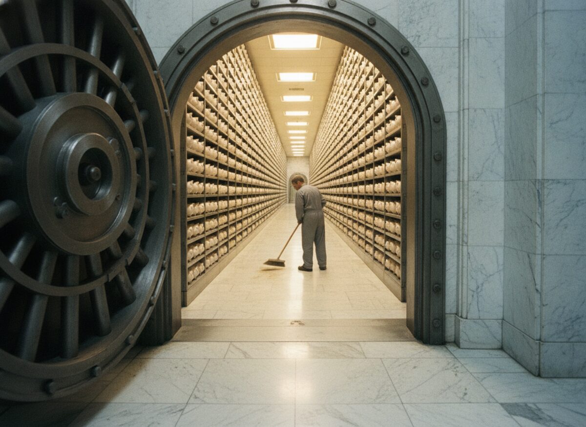 Press photo: a grand bank vault seen from its open door, filled floor to ceiling with tiny identical children's piggy banks in endless rows, a single janitor seen from behind sweeping between them