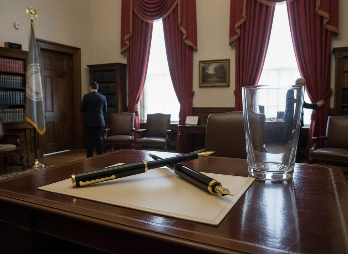 Press photo: a governor's ceremonial desk seen from across the room holding two oversized fountain pens crossed like swords, beside a single empty drinking glass the size of a trash can
