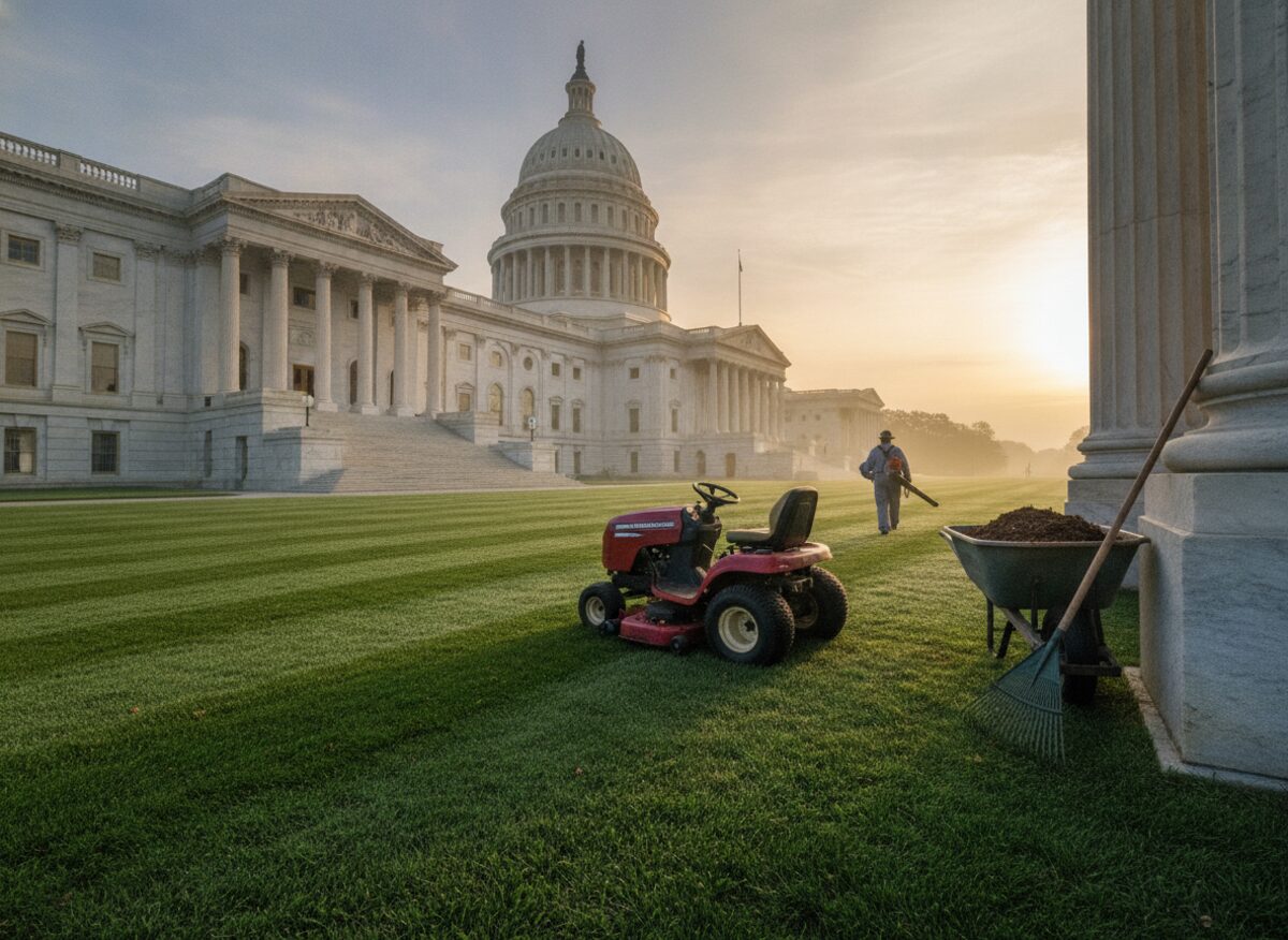 Press photo: the steps of a domed capitol building at dawn, its broad front lawn freshly mowed in neat stripes, with a single riding mower parked on the grass and a rake leaning against a column