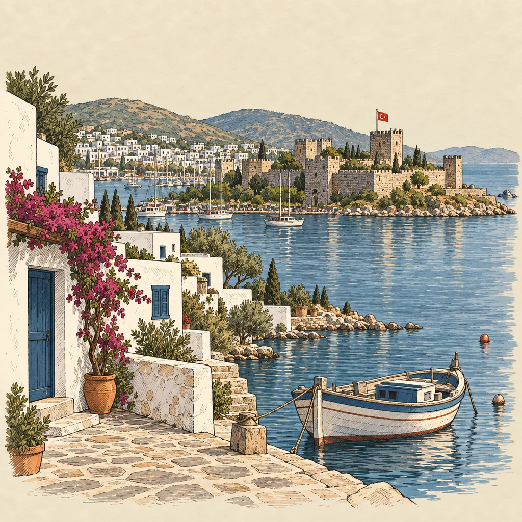 Bodrum — Beach towns illustration from the Suzy Talks Turkey encyclopedia