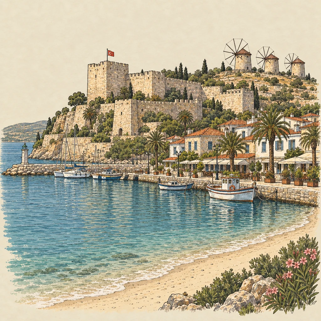 Çeşme — Beach towns illustration from the Suzy Talks Turkey encyclopedia