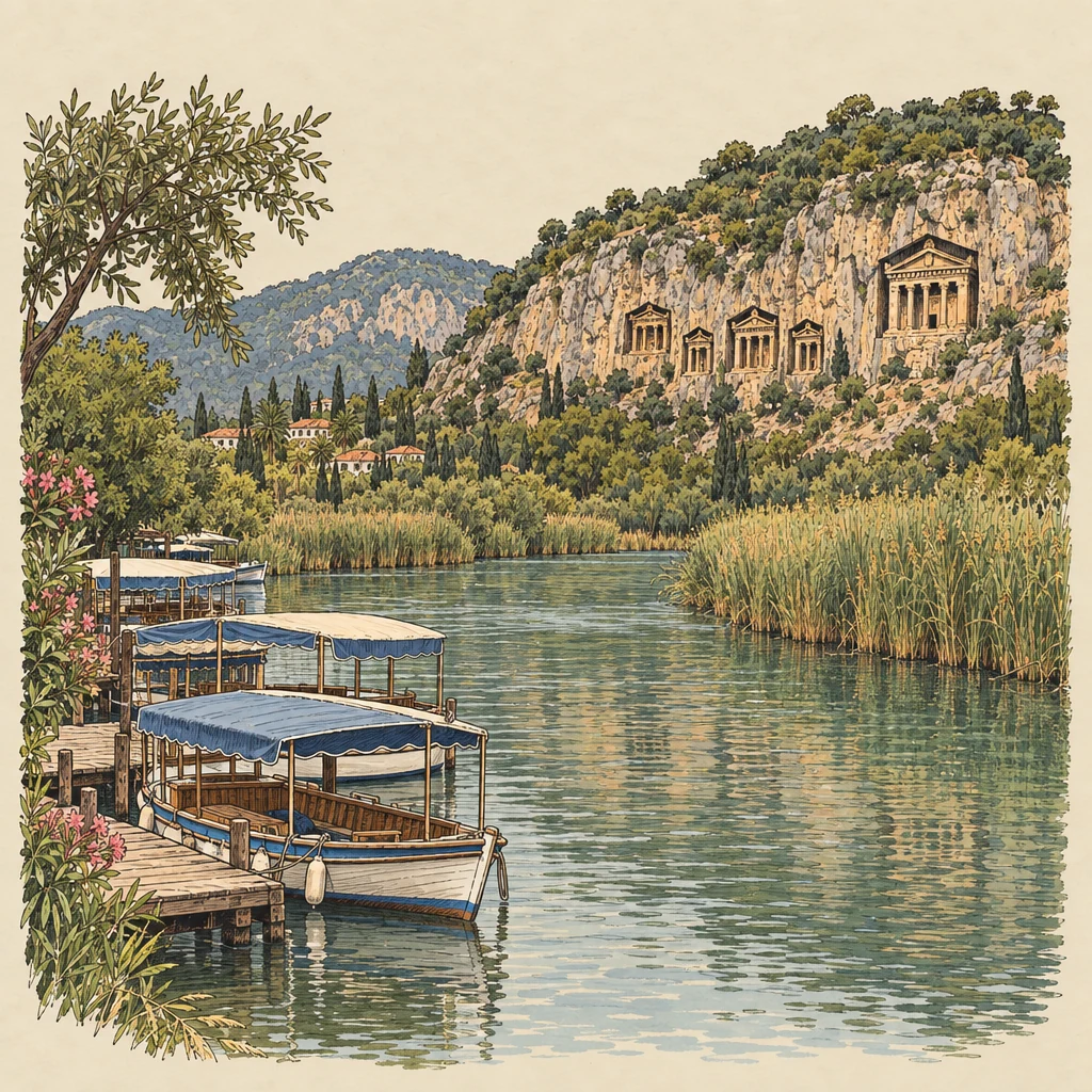 Dalyan — Beach towns illustration from the Suzy Talks Turkey encyclopedia