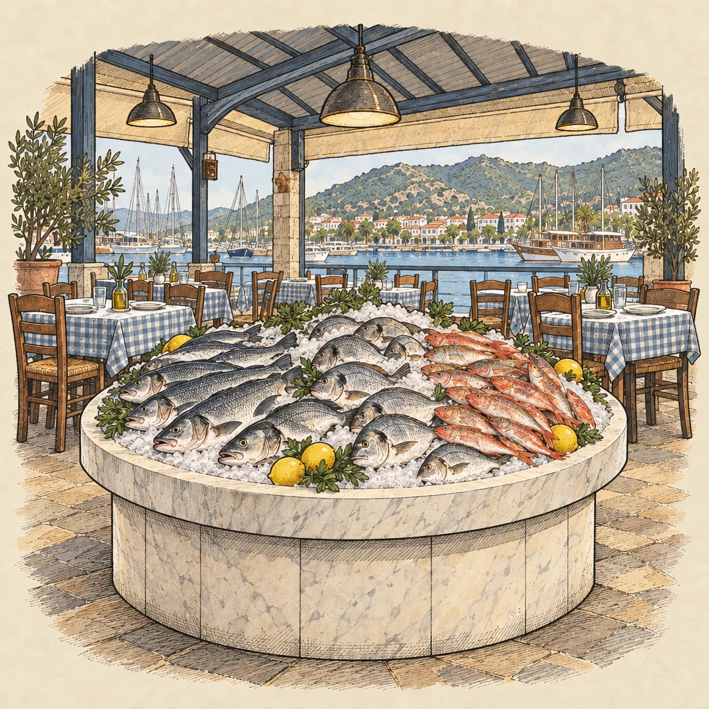 Fethiye Balık Pazarı — Food & drink illustration from the Suzy Talks Turkey encyclopedia