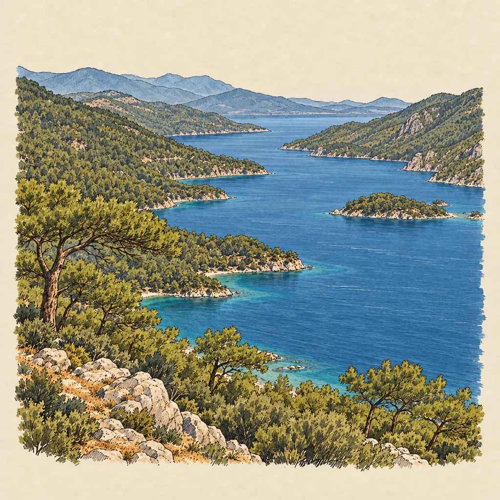 Gökova Körfezi — Nature & animals illustration from the Suzy Talks Turkey encyclopedia