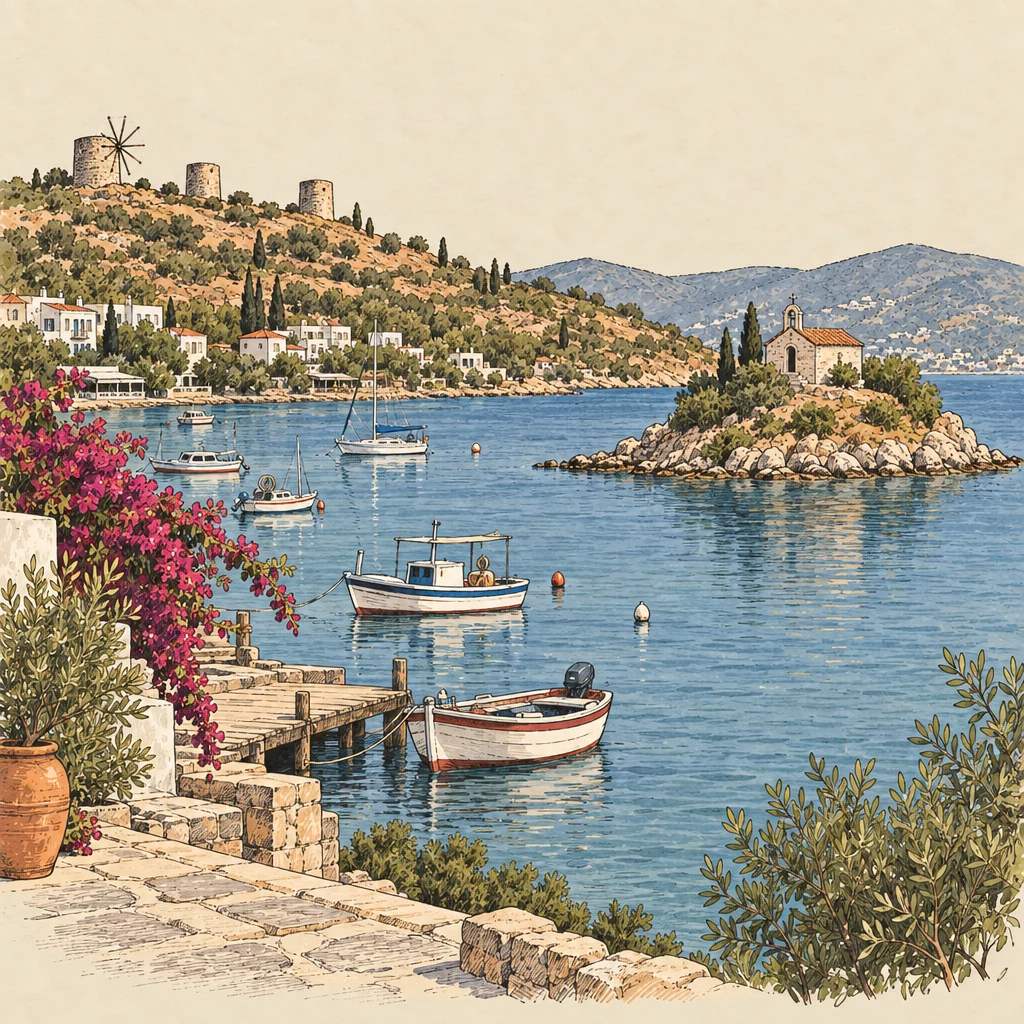 Gündoğan — Beach towns illustration from the Suzy Talks Turkey encyclopedia