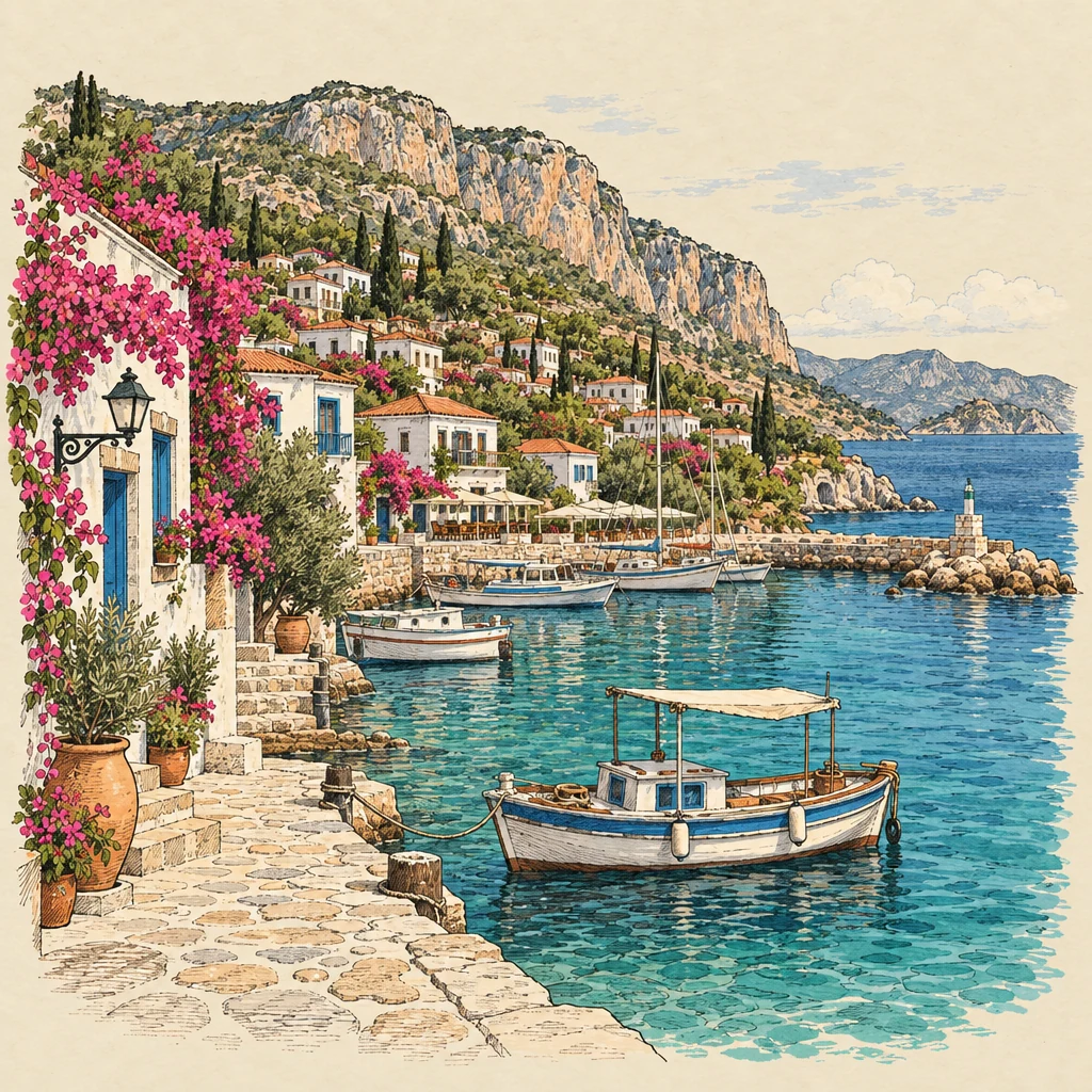 Kaş — Beach towns illustration from the Suzy Talks Turkey encyclopedia