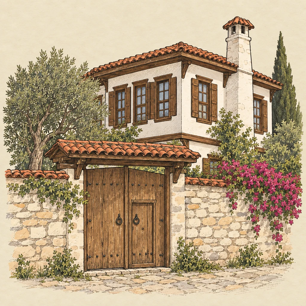 Muğla evleri — Traditions & everyday life illustration from the Suzy Talks Turkey encyclopedia