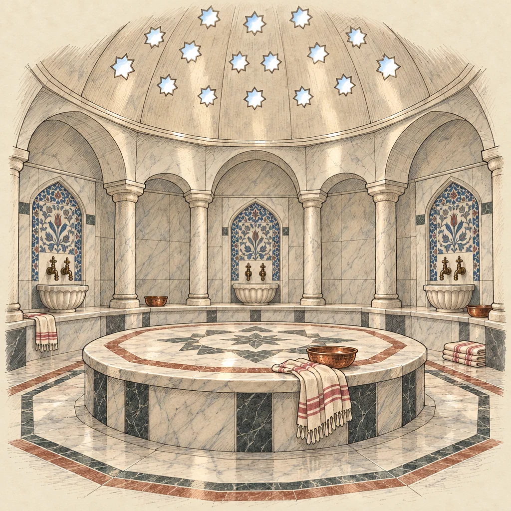 Türk hamamı — Traditions & everyday life illustration from the Suzy Talks Turkey encyclopedia